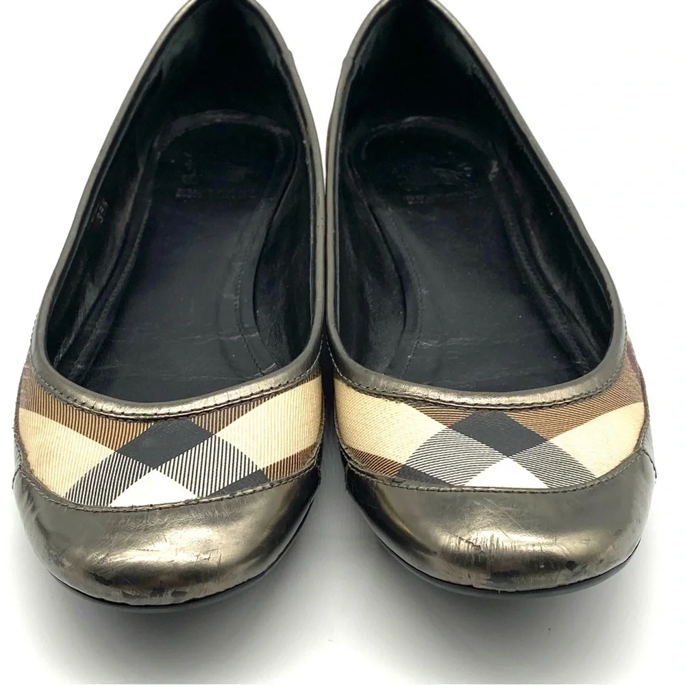 BURBERRY NOVA CHECK PEWTER GUNMETAL SILVER LEATHER BALLET FLAT SHOES 39.5 / 8.5 - Picture 4 of 7